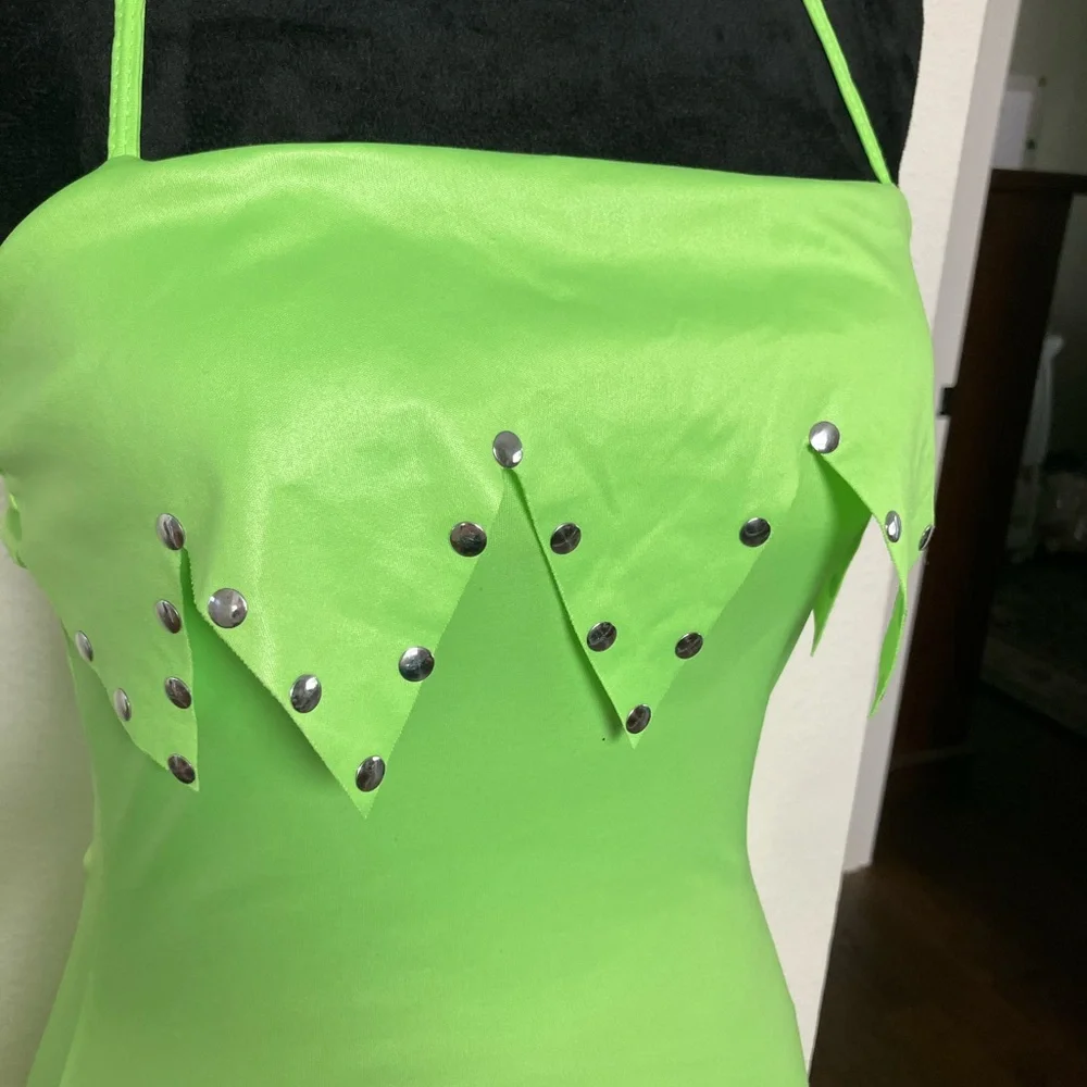 Green Fairy Sexy Tinkerbell Halloween Costume Tink Halter Dress Petticoat Studs - Picture 4 of 7